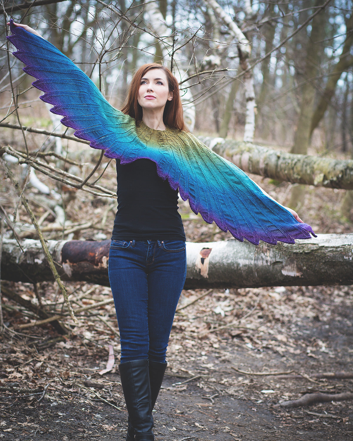 Original Wingspan, Size B. A knitted shawl designed to look like wings.